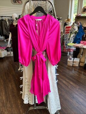 97278 Trina Turk Hot Pink Tie-Front Long Sleeve Midi Dress